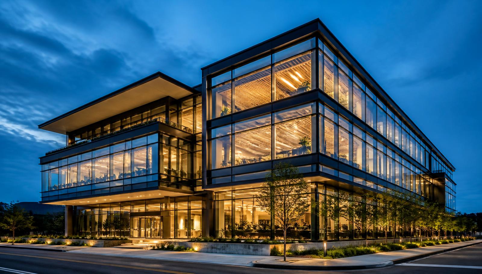 Completed modern commercial building at dusk
