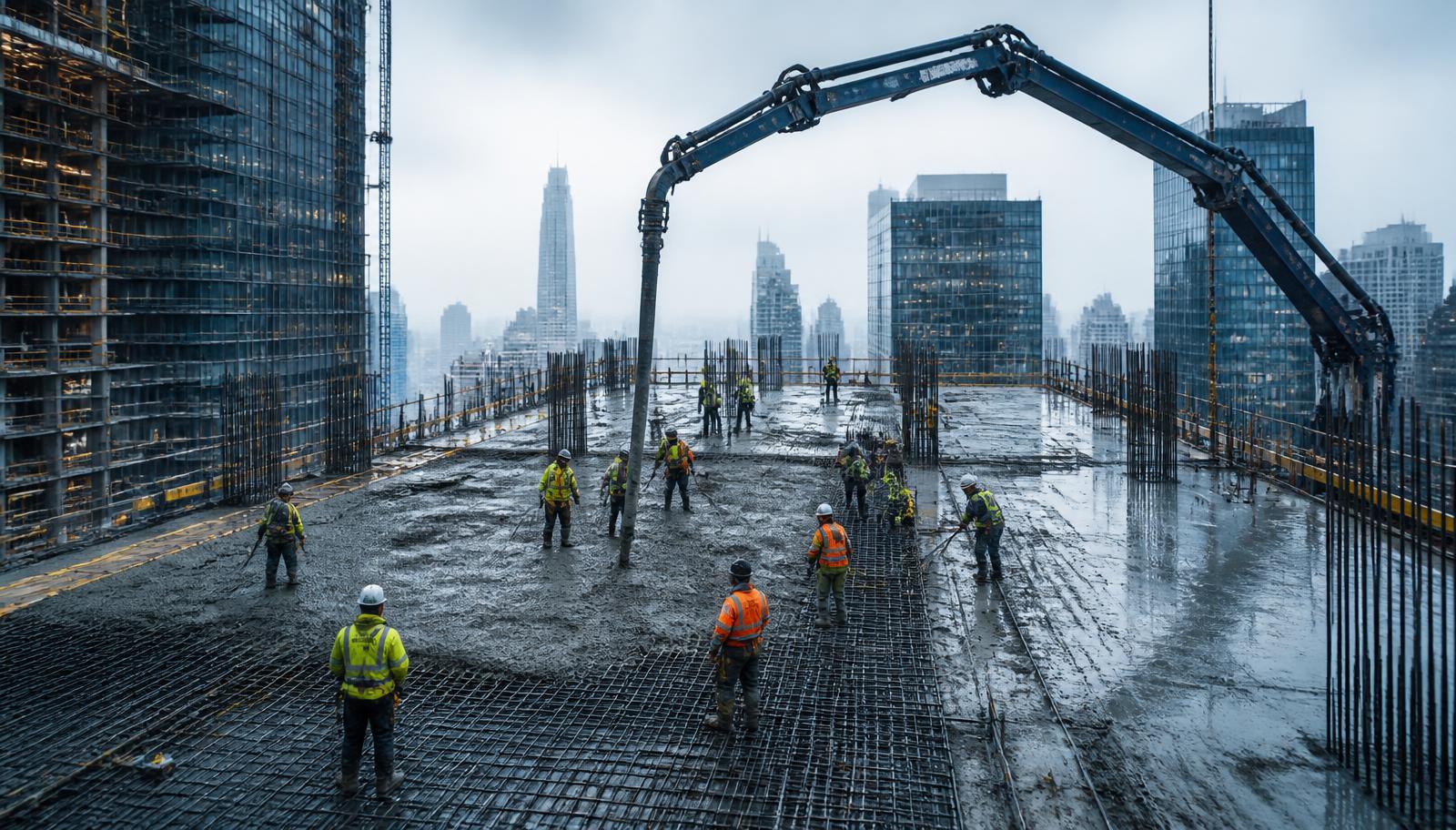 Concrete slab pour on a high-rise floor with workers and pump boom