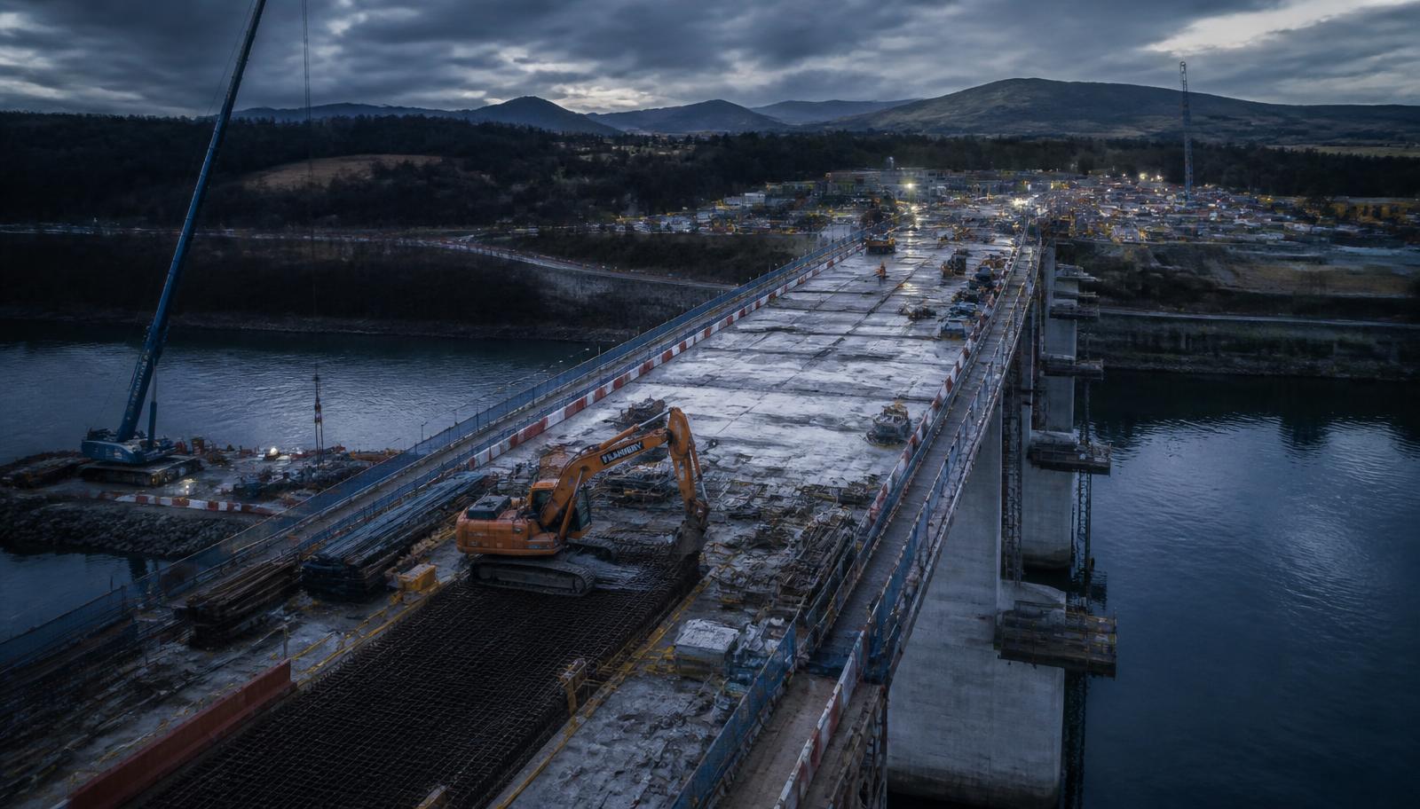 Bridge deck infrastructure works at dusk