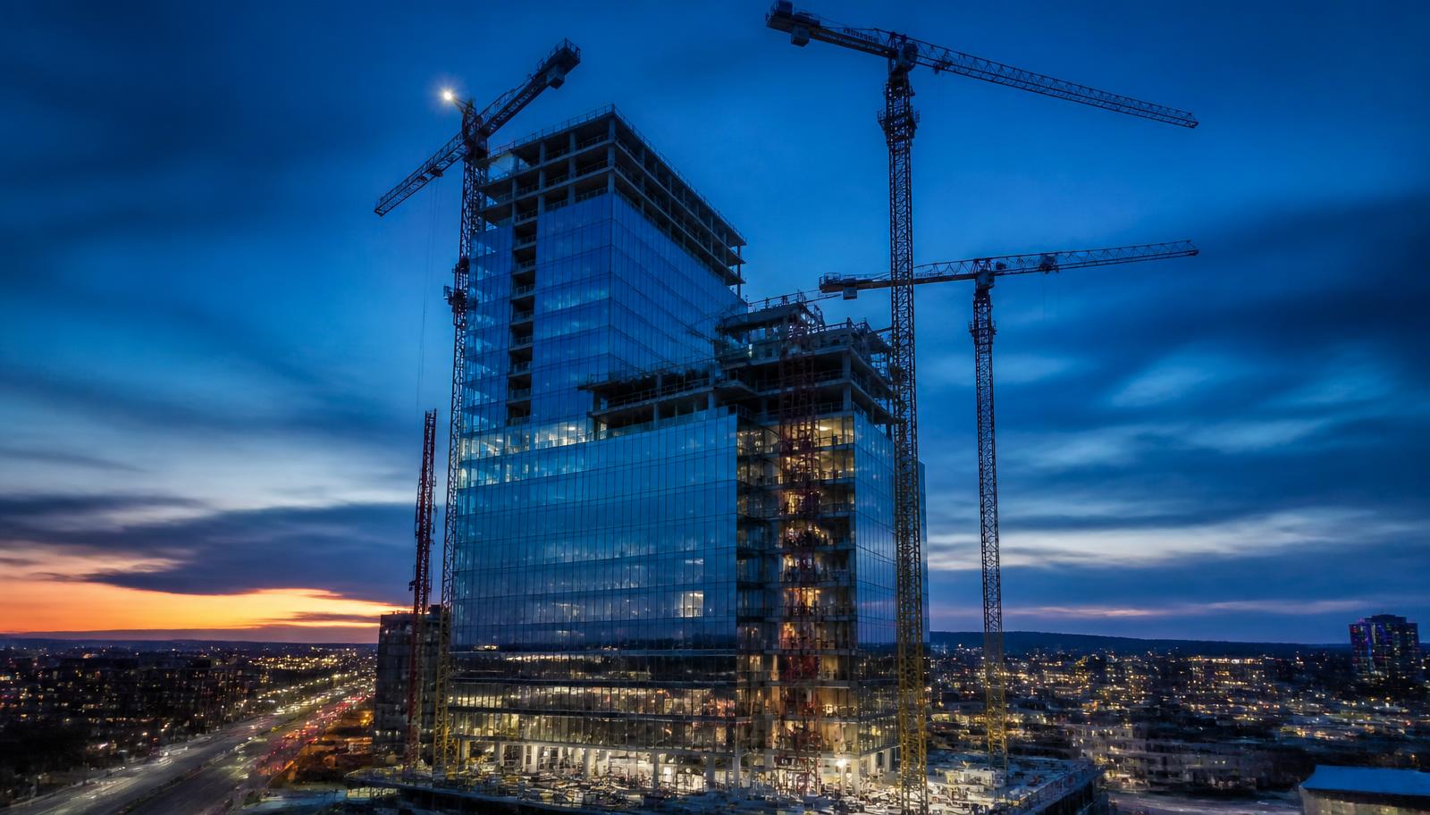 High-rise commercial building under construction at dusk with tower cranes